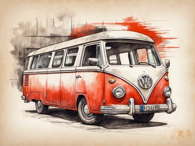 Auf dem Bild ist ein klassischer Volkswagen-Bus zu sehen, der in einem nostalgischen Stil gezeichnet wurde. Die Farben sind hauptsächlich rot und weiß, was dem Fahrzeug einen fröhlichen und einladenden Look verleiht. 

Wenn wir uns auf die Gaumenfreuden in Isla Mágica beziehen, könnte man sich vorstellen, nach einer aufregenden Fahrt mit einem solchen Bus zu einem der vielen Stände zu fahren, an denen man köstliche Tapas, frisch zubereitetes Essen und traditionelle spanische Leckereien genießen kann. Die Atmosphäre wäre perfekt für ein leckeres Mittagessen nach einem Tag voller Abenteuer im Freizeitpark!