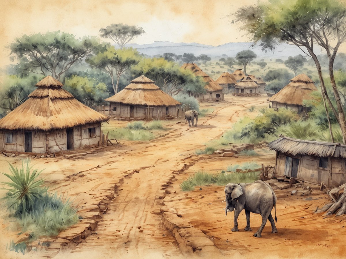 Eine malerische Landschaft in Swasiland zeigt eine kleine Siedlung mit strohgedeckten Hütten und einem staubigen Pfad, der durch das Dorf führt. Im Vordergrund steht ein Elefant, während im Hintergrund weitere Elefanten und die sanften Hügel des Landes sichtbar sind. Die umgebende Natur ist üppig mit Bäumen und Gräsern, die die ländliche Szenerie bereichern. Die ruhige Atmosphäre der Landschaft vermittelt ein Gefühl von Harmonie zwischen Mensch und Tier.