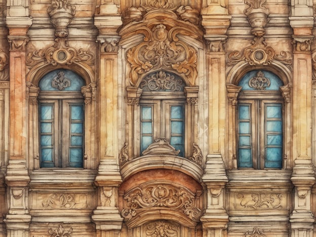 Auf dem Bild sind Elemente der barocken Architektur zu sehen, die durch ihre opulente Gestaltung und detaillierte Verzierungen charakterisiert ist. Die Fassade zeigt reich ornamentierte Fenster, geschwungene Linien und verschnörkelte Motive, die typisch für den Barockstil sind. Solche architektonischen Merkmale sind auch im Alsergrund zu finden, einem Bezirk in Wien, der viele historische Bauten im Barockstil beherbergt. Die Kombination aus hellen Farben und kunstvollen Formen vermittelt einen Eindruck von Pracht und Eleganz, die diese Epoche auszeichnet.