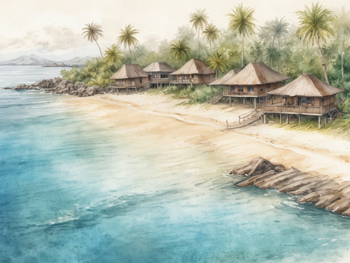 Eine idyllische Küstenlandschaft mit traditionellen Holzbungalows, die auf Stelzen über dem Sandstrand stehen. Die tropische Umgebung ist geprägt von grünen Palmen und einer sanften Welle, die ans Ufer plätschert. Im Hintergrund sind sanfte, bewaldete Hügel und die Andeutung von Bergen sichtbar. Der Himmel ist leicht bewölkt, und das Wasser zeigt verschiedene Blau- und Türkistöne, während der Strand goldig schimmert. Dieses Bild fängt die Ruhe und natürliche Schönheit eines Fidschi-Urlaubs perfekt ein.