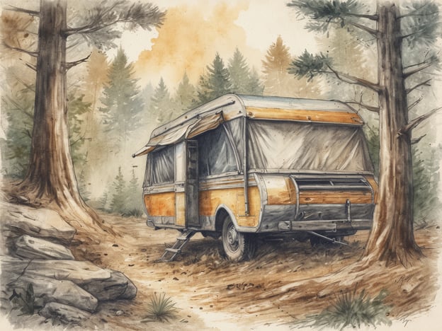 Auf dem Bild ist ein alter Wohnwagen zu sehen, der in einer natürlichen Umgebung geparkt ist. Umgeben von hohen Bäumen und einem ruhigen Wald, vermittelt die Szene ein Gefühl von Abenteuer und Entspannung in der Natur. Solche Campingabenteuer laden dazu ein, die Freiheit der Natur zu genießen, fernab vom Alltagsstress. Der Wohnwagen steht auf einem schmalen Pfad, der die Erlebnisse und Entdeckungen symbolisiert, die bei einem Aufenthalt in der Wildnis auf einen warten.