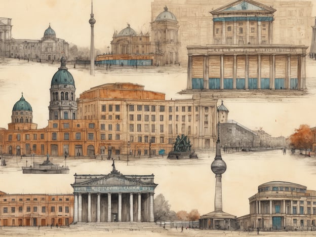 Auf dem Bild sind verschiedene Sehenswürdigkeiten zu sehen, die typisch für Berlin sind. Dazu gehört der **Fernsehturm**, ein bekanntes Wahrzeichen, sowie das **Brandenburg Tor**, das symbolisch für die Einheit Deutschlands steht. Es sind auch beeindruckende Gebäude wie die **Berliner Dom** und weitere historisch bedeutende Bauten abgebildet. Die skizzierte Darstellung hebt die architektonische Vielfalt der Stadt hervor.