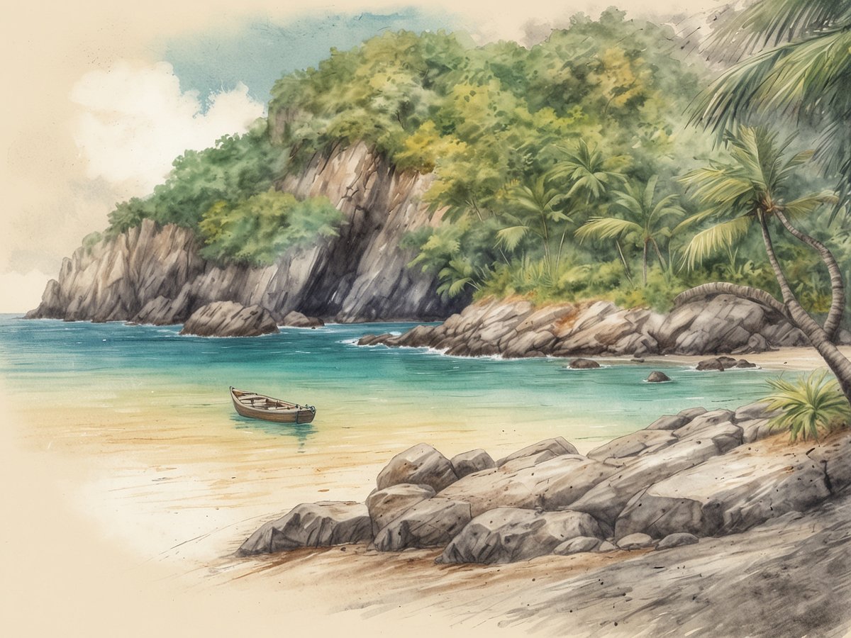 Eine ruhige Küstenlandschaft mit sanften Wellen, die an einen goldenen Sandstrand schlagen. Im Vordergrund liegt ein kleines, einfaches Boot auf dem klaren, türkisfarbenen Wasser. An den Seiten flankieren grüne Palmen und tropische Pflanzen den Strand und die felsige Küste, die im Hintergrund aufsteigt. Die Szenerie strahlt eine friedliche und unberührte Natur aus, die den Wunsch weckt, diesen idyllischen Ort zu besuchen. Kiribati bietet solch malerische Landschaften, die ein Gefühl von Entspannung und Abenteuer vermitteln und eine ideale Kulisse für Naturliebhaber darstellen.