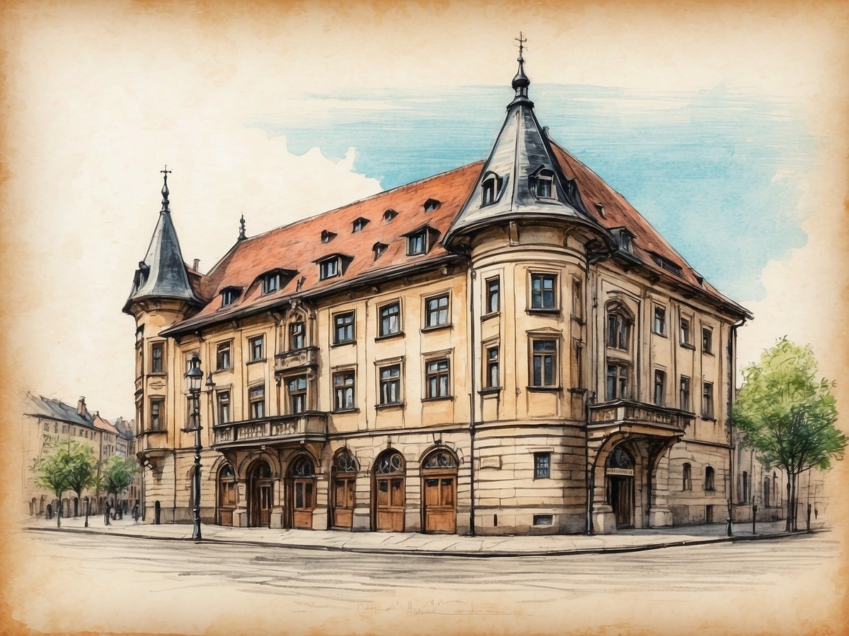 Das Bild zeigt ein historisches Gebäude mit einem markanten Architekturdesign. Es verfügt über ein spitzes, rot gedecktes Dach und mehrere Türme, die dem Bauwerk eine majestätische Ausstrahlung verleihen. Die Fassade ist aus hellem Stein und weist elegante Fenster mit geschwungenen Rahmen auf. An der Vorderseite sind große Eingänge sowie Balkonverzierungen zu sehen, die die Kunstfertigkeit der damaligen Baukunst unterstreichen. Um das Gebäude herum sind Bäume und Laternen in einer ruhigen Straßenansicht platziert, was zur Atmosphäre einer historischen Stadt beiträgt. Der Himmel ist klar und vermittelt einen Eindruck von Helligkeit und Offenheit.