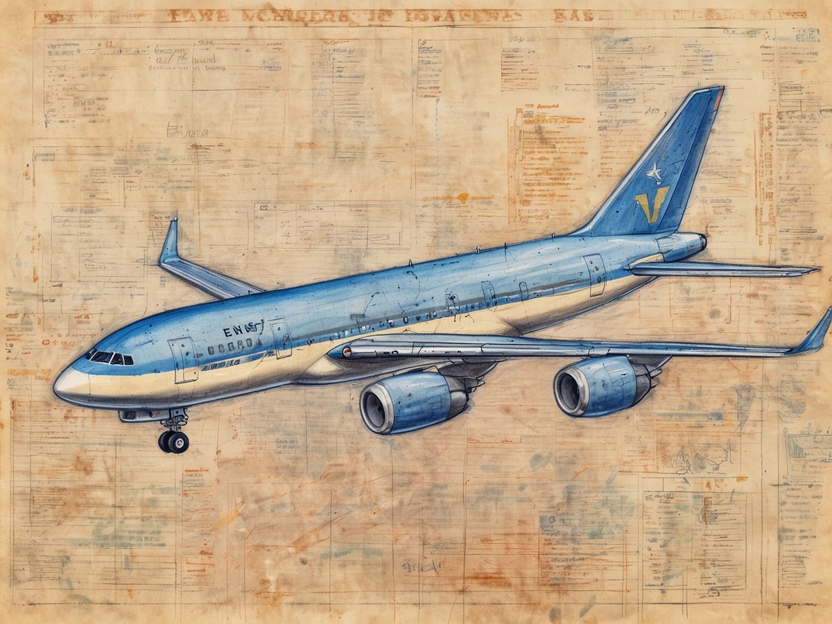 Eine illustration eines Flugzeugs mit blauer und cremefarbener Farbgebung auf einem Hintergrund aus beige farbigen technischen Zeichnungen und Notizen, die Details zur Konstruktion enthalten. Das Flugzeug ist von der Seite dargestellt und hat das Kennzeichen EN67.