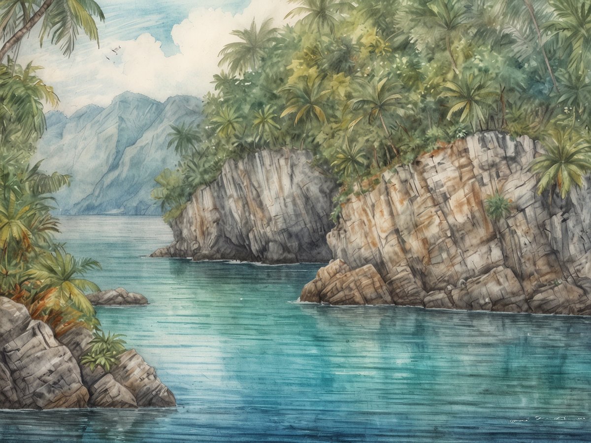 Eine ruhige, malerische Küstenlandschaft in Papua-Neuguinea wird gezeigt, geprägt von steilen, bewaldeten Klippen und klarem, türkisfarbenem Wasser. Im Hintergrund sind sanfte Bergkuppen zu sehen, während die üppige Vegetation mit Palmen den vorderen Bildbereich dominiert. Die Atmosphäre ist friedlich, und die natürliche Schönheit der Umgebung lädt zu Erkundungen ein. Für die Reise nach Papua-Neuguinea sind Tipps wie der Besuch lokaler Märkte, das Probieren traditioneller Speisen und das Erleben der einzigartigen Kultur der Einheimischen besonders wertvoll.