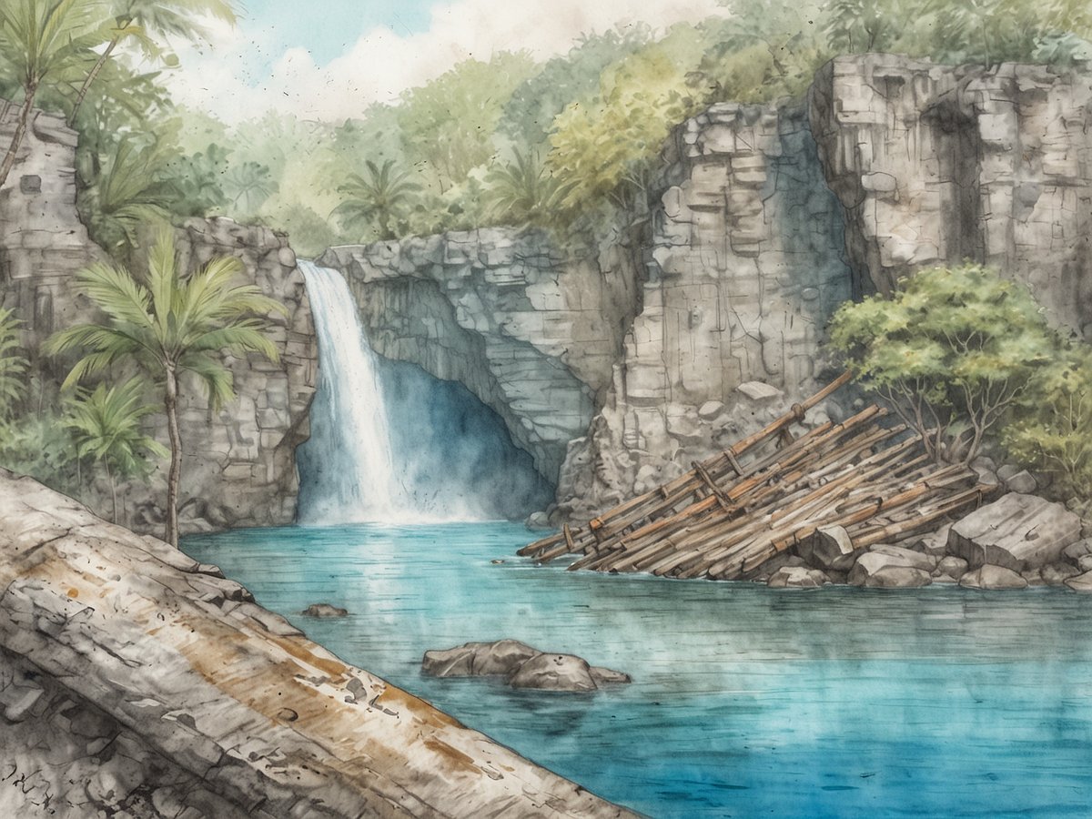 Eine idyllische Landschaft zeigt einen Wasserfall, der aus hohen Felsen herabstürzt und in ein glasklares, turquoise Wasserbecken mündet. Umgeben von üppigem, grünem vegetation, sind Palmen und andere tropische Pflanzen zu sehen, die der Szenerie einen exotischen Charakter verleihen. Bäume und Steine rahmen den unteren Bereich des Bildes ein, während im Vordergrund ein umgefallener Baumstamm liegt. Hinter dem Wasserfall sind die zerklüfteten Felsen sichtbar, die die natürliche Schönheit des Ortes betonen.