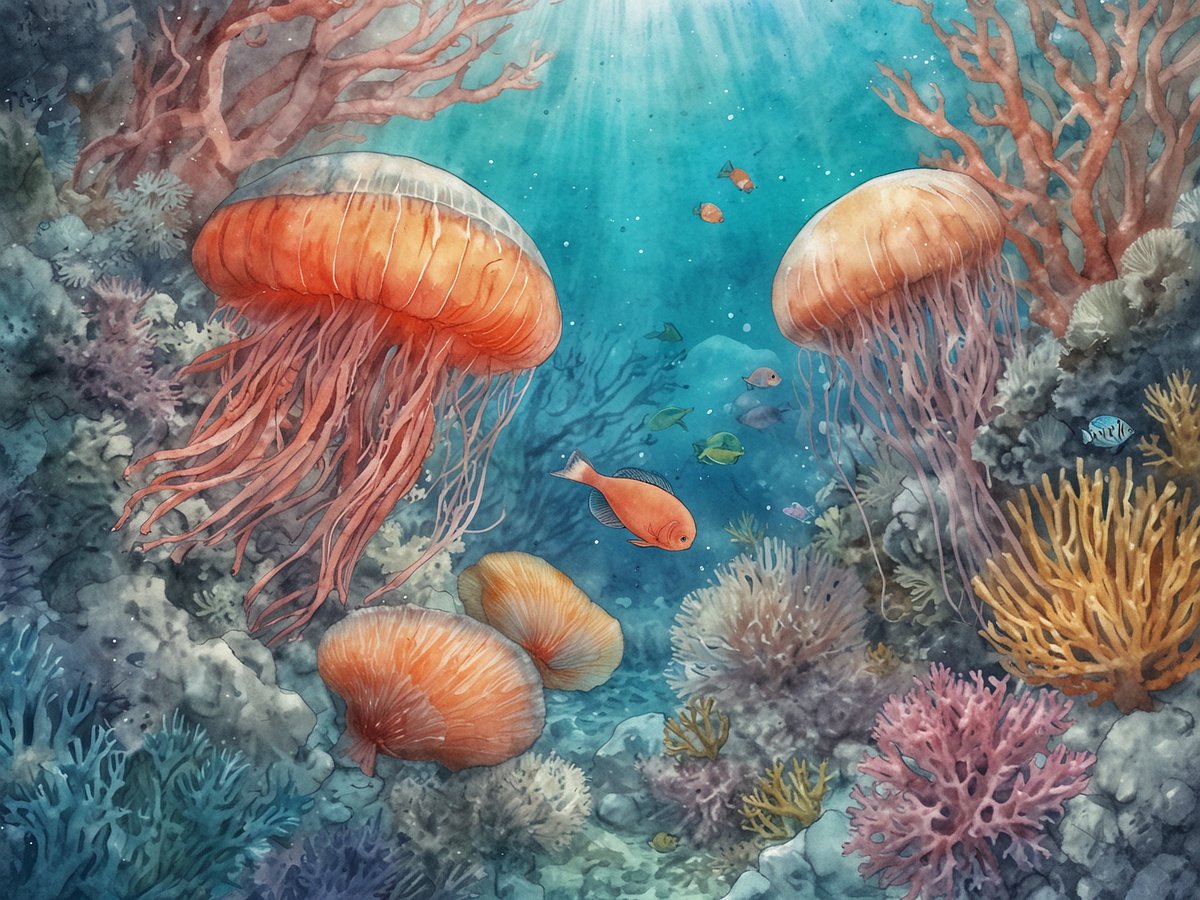Eine lebendige Unterwasserlandschaft zeigt verschiedene Arten von Quallen, die sanft durch das Wasser schweben. Die Quallen haben leuchtend orangefarbene Körper und lange, filigrane Tentakeln. Um sie herum sind bunte Korallen und eine Vielzahl von kleinen Fischen, die zwischen den Korallenriffen schwimmen. Das Licht bricht sanft durch die Wasseroberfläche und sorgt für eine strahlende, traumhafte Atmosphäre. Diese faszinierende Unterwasserwelt macht deutlich, warum eine Reise nach Palau ein unvergessliches Erlebnis ist, das die Schönheit der Natur in ihrer reinsten Form offenbart.
