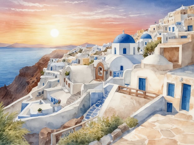 Auf dem Bild ist eine malerische Szene von Santorini, Griechenland, zu sehen. Die architektonischen Merkmale sind typisch für die Region, mit weißen Häusern, vielen Kuppen und blauen Dächern. Im Hintergrund strahlt die Sonne am Horizont über dem Meer, was eine romantische und friedliche Atmosphäre schafft. Die steilen Gassen und Treppen vermitteln das Gefühl eines traditionellen Dorfes, das an die Klippen gebaut ist. Diese Darstellungen sind charakteristisch für die idyllischen Landschaften, die Santorini so bekannt und beliebt machen.