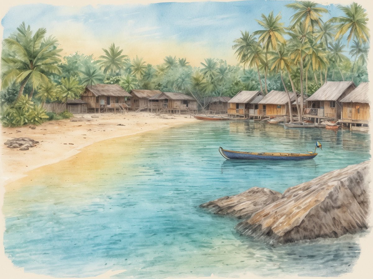 Eine idyllische Szenerie der Marshallinseln mit traditionellen Holzhäusern, die am Ufer einer ruhigen, glitzernden Lagune stehen. Palmen säumen den Strand und erzeugen eine tropische Atmosphäre. Ein kleines Boot liegt sanft auf dem Wasser, während im Hintergrund der Sonnenuntergang für warme, entspannende Farbtöne im Himmel sorgt. Dieser Ort ist ideal für Reisende, die die natürliche Schönheit und die Kultur der Marshallinseln erleben möchten. Denken Sie daran, die lokale Küche zu probieren und die Freundlichkeit der Bewohner zu genießen.
