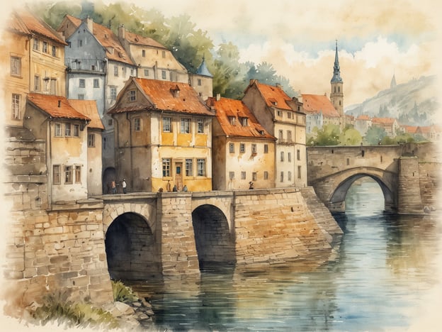 Auf dem Bild ist eine malerische Szenerie mit alten, bunten Häusern zu sehen, die sich am Ufer eines Flusses befinden. Ein Steinhafen und eine Brücke sind im Vordergrund abgebildet, während im Hintergrund sanfte Hügel und weitere Gebäude sichtbar sind. Die Atmosphäre wirkt friedlich und idyllisch, typisch für historische Stadtansichten. 

In Anlehnung an das Reiseziel Prag, Tschechien, könnte das Bild die charmante Architektur und die romantische Kulisse der Stadt widerspiegeln, die für ihre Brücken und historischen Gebäude bekannt ist.