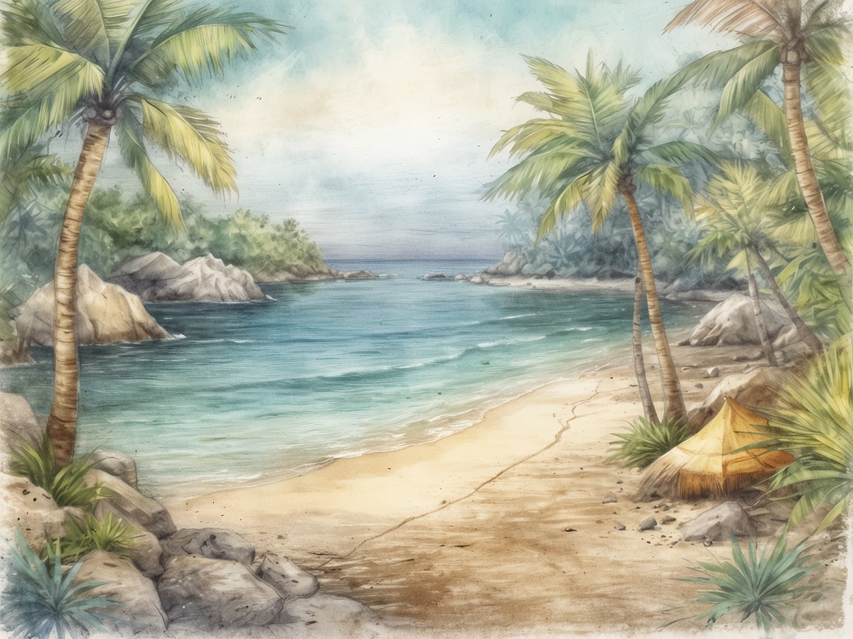 Eine idyllische Küstenlandschaft mit palmengesäumtem Strand und klaren blauen Wasser ist zu sehen. Sanfte Wellen plätschern gegen den Strand, während einige Felsen in der Ferne sichtbar sind. Grüne Pflanzen und Palmen umrahmen die Szenerie, die ein einladendes und friedliches Ambiente vermittelt. Am Strand steht ein einfacher, traditioneller Schirm, der zum Entspannen einlädt. Diese Landschaft verkörpert das tropische Paradies, das Guam zu bieten hat, und wäre ein perfektes Reiseziel für Naturliebhaber und Erholungssuchende.