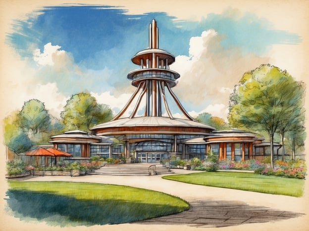 Auf dem Bild ist ein futuristisch gestaltetes Gebäude mit einer markanten Architektur zu sehen, umgeben von grünen Bäumen und bunten Blumen. Diese Art von Gebäude könnte in einem Freizeitpark wie Drayton Manor sein, der für seine aufregenden Fahrgeschäfte und Attraktionen bekannt ist. 

Die Geschichte von Drayton Manor begann 1949, als der Park als Besitztum von George und Vera Bryan eröffnet wurde. Im Laufe der Jahre entwickelte sich der Park weiter, und es wurden zahlreiche Attraktionen hinzugefügt, darunter Fahrgeschäfte, Tiergehege und Unterhaltungsangebote. Solch ein modernes Gebäude könnte eine neue Attraktion oder ein Besucherzentrum symbolisieren, das die Weiterentwicklung des Parks und seine Anziehungskraft für Familien und Besucher unterstreicht. 

Drayton Manor ist bekannt für seine Mischung aus Abenteuer und Familienunterhaltung, und ein solches beeindruckendes Gebäude könnte sowohl die Atmosphäre des Parks als auch die verschiedenen Erlebnisse, die Besucher erwarten können, widerspiegeln.