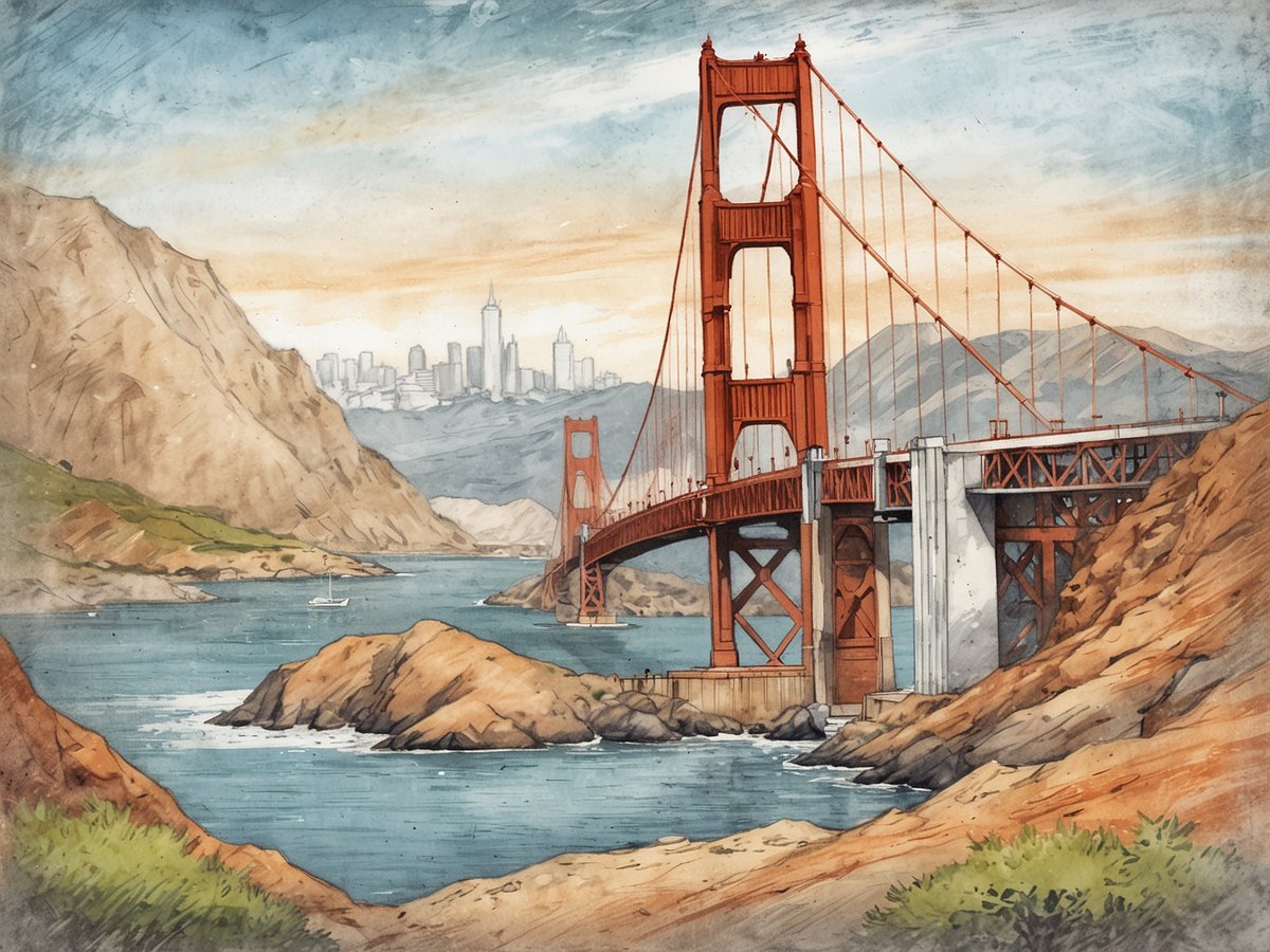 Der Golden Gate Bridge spannt sich majestätisch über die Bucht von San Francisco, eingebettet zwischen sanften Hügeln und dem klaren Wasser. Im Hintergrund erheben sich die Wolkenkratzer der Stadt, während der Himmel in sanften Orange- und Blautönen leuchtet. Kleine Boote schippern friedlich auf dem Wasser. Diese ikonische Brücke symbolisiert nicht nur die Ingenieurskunst, sondern auch die atemberaubende Schönheit Kaliforniens, die dich einmal im Leben faszinieren sollte.