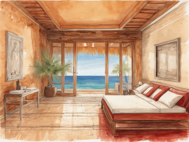 Auf dem Bild ist ein stilvolles Schlafzimmer zu sehen, das Ruhe und Entspannung ausstrahlt. Die großen Fenster bieten einen wunderschönen Blick auf das Meer und lassen viel Tageslicht herein, was eine angenehme und beruhigende Atmosphäre schafft. Die sanften Erdtöne der Wände und die gemütliche Einrichtung fördern ein Gefühl von Wellness, perfekt für eine Auszeit vom Alltag. Ein harmonisches Umfeld, ideal für Entspannung und Erholung.