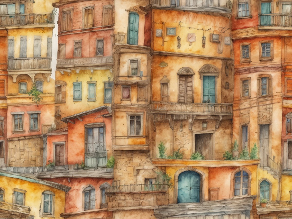 Das Bild zeigt eine malerische Ansammlung von alten, farbenfrohen Gebäuden mit unterschiedlichen architektonischen Stilen. Die Wände sind in warmen Tönen gehalten, darunter Orange, Gelb und Rot, und die Fenster haben verschiedene Formen und Farben, die das Bild lebendig erscheinen lassen. Einige Balkone sind mit Pflanzen geschmückt, was dem Gesamtbild eine einladende Atmosphäre verleiht. Diese charmante Szenerie erinnert an die einzigartigen Stadtviertel von Montreal, die mit ihrer Kombination aus Geschichte und kultureller Vielfalt bezaubern.