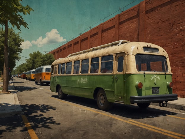 Auf dem Bild ist ein alter, grüner Bus zu sehen, der auf einer Straße steht, während mehrere weitere Bussen in einer Reihe parken. Die Szenerie wirkt städtisch, umgeben von Bäumen und einer roten Mauer im Hintergrund.

Hier sind einige Tipps und Tricks für nachhaltiges Reisen:

1. **Öffentliche Verkehrsmittel nutzen**: Wie der Bus im Bild zeigt, ist die Nutzung öffentlicher Verkehrsmittel eine umweltfreundliche Möglichkeit, sich fortzubewegen und den CO2-Ausstoß zu reduzieren.

2. **Zugreisen bevorzugen**: Wenn möglich, wähle Züge statt Flugzeuge, um lange Strecken zurückzulegen. Zugreisen sind häufig energieeffizienter und bieten atemberaubende Landschaften.

3. **Fahrrad oder zu Fuß erkunden**: Nutze die Möglichkeit, die Umgebung mit dem Fahrrad zu erkunden oder zu Fuß zu gehen. Das ist nicht nur umweltfreundlich, sondern ermöglicht auch ein intensiveres Erlebnis.

4. **Lokale Produkte kaufen**: Unterstütze lokale Märkte und Geschäfte, um die regionale Wirtschaft zu stärken und den ökologischen Fußabdruck durch den Transport von Waren zu minimieren.

5. **Unterkünfte mit nachhaltigen Praktiken**: Wähle Hotels oder Pensionen, die umweltfreundliche Praktiken anwenden, wie Recycling, Wasserspareinrichtungen und regionale Lebensmittel in der Küche.

6. **Achtsam mit Ressourcen umgehen**: Sei verantwortungsbewusst im Umgang mit Wasser und Energie. Schalte das Licht aus und dusche möglichst kurz.

7. **Reise in der Nebensaison**: Dadurch vermeidest du überfüllte Orte und trägst zur Entlastung von touristischen Hotspots bei. 

Mit diesen Tipps kannst du deinen nächsten Urlaub umweltbewusster gestalten!