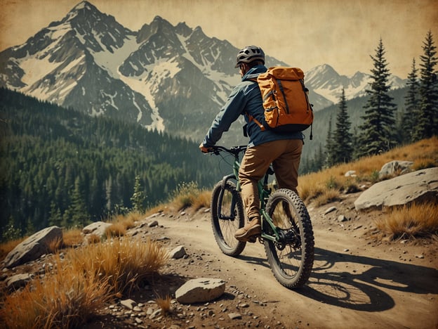 Auf dem Bild ist ein Abenteuer in den Bergen zu sehen. Eine Person fährt mit einem Mountainbike auf einem schmalen Pfad, umgeben von beeindruckenden Berglandschaften und dichten Wäldern. Die Berggipfel sind majestätisch und teilweise mit Schnee bedeckt, was die Landschaft noch dramatischer macht. Der Fahrer hat einen orangefarbenen Rucksack dabei, was darauf hinweist, dass er auf ein längeres Abenteuer vorbereitet ist. Die Atmosphäre vermittelt einen Sinn für Freiheit und das Erkunden der Natur.