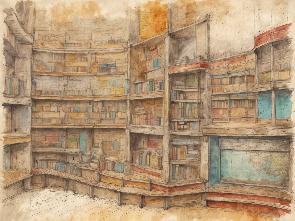 Eine gemütliche Bibliothek mit runden, offenen Regalen, die bis zur Decke reichen. Die Regale sind gefüllt mit bunten Bücher und handschriftlichen Notizen auf den Wänden. Der Boden ist aus Holz und in der Mitte befindet sich eine kreisförmige Sitzgelegenheit. An einer Wand ist eine Weltkarte angebracht, die den Raum ergänzt. Die warmen, erdigen Farben und das sanfte Licht verleihen dem Raum eine einladende Atmosphäre, die zum Lesen und Entdecken einlädt.