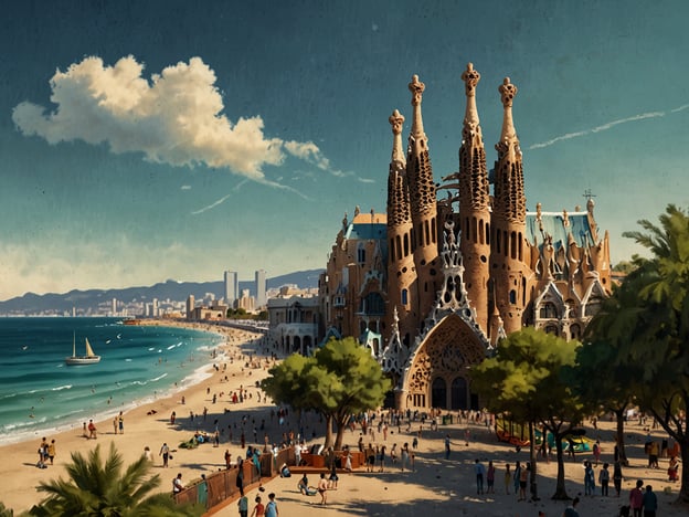 Auf dem Bild ist eine malerische Ansicht von Barcelona zu sehen, die Kunst, Strand und Kultur vereint. Im Vordergrund sehen wir einen lebhaften Strand mit vielen Menschen, die sich entspannen und dem Sonnenbad nachgehen. Das klare, türkisfarbene Wasser und die sanfte Welle verleihen der Szenerie eine entspannte Atmosphäre.

Dominierend im Bild ist ein beeindruckendes architektonisches Meisterwerk, das an die Werke von Antoni Gaudí erinnert, bekannt für seinen einzigartigen modernistischen Stil. Die markanten Türme und die ausgefallenen Details der Fassade ziehen die Aufmerksamkeit auf sich und zeugen von Barcelonas reichhaltigem künstlerischen Erbe.

Im Hintergrund erkennt man die moderne Skyline der Stadt, die die harmonische Verbindung von Tradition und zeitgenössischer Kultur symbolisiert. Die Palmen und die lebhafte Strandpromenade tragen zur seaside Stimmung bei, die typischerweise mit Barcelona assoziiert wird.