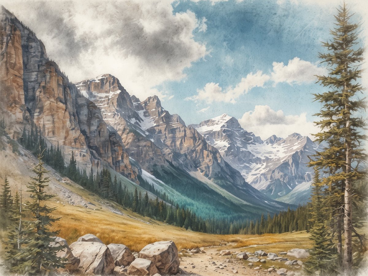 Die majestätische Landschaft zeigt eine beeindruckende Bergkette mit schroffen Gipfeln, die teilweise mit Schnee bedeckt sind. Talreiche Tannen und grünes Buschwerk umrahmen den sanft geschwungenen Weg, der durch das Bild führt. Im Vordergrund liegen große, rundliche Steine auf einer Weide, während sanfte Hügel im Hintergrund die Kulisse bilden. Der Himmel ist teils bewölkt, mit leichten blauen Abschnitten, die die Schönheit der Natur unterstreichen. Eine Reise nach Alberta ist ein Erlebnis, das die atemberaubende Natur und die Ruhe der Wildnis bietet, ideal für Wanderer und Naturliebhaber.