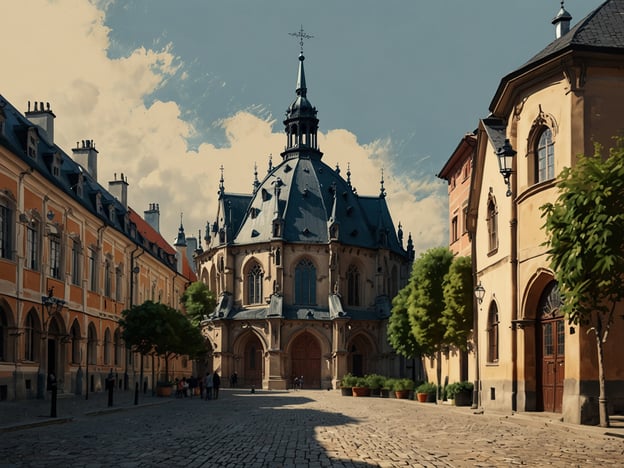 Auf dem Bild ist eine historische Prachtstraße in Prag zu sehen, die von malerischen Gassen und Gebäuden umgeben ist. Im Mittelpunkt steht eine beeindruckende Kirche oder Kapelle mit einem markanten, spitzen Turm und einer kunstvollen Fassade. Die verwinkelten Gassen und die attraktive Architektur verleihen der Szene einen besonderen Charme, während die Bäume und das klare Himmellicht die Atmosphäre angenehm und einladend erscheinen lassen.