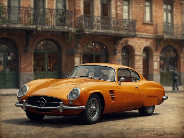 Auf dem Bild ist ein orangefarbener Mercedes-Automobil zu sehen, das auf einer Straßenoberfläche steht. Im Hintergrund sind historische Gebäude und Fenster zu erkennen, die eine charmante Atmosphäre schaffen. Für eine Buchung wäre es wichtig, den richtigen Zeitpunkt zu finden, um die Veranstaltung oder die Nutzung des Fahrzeugs optimal zu planen.