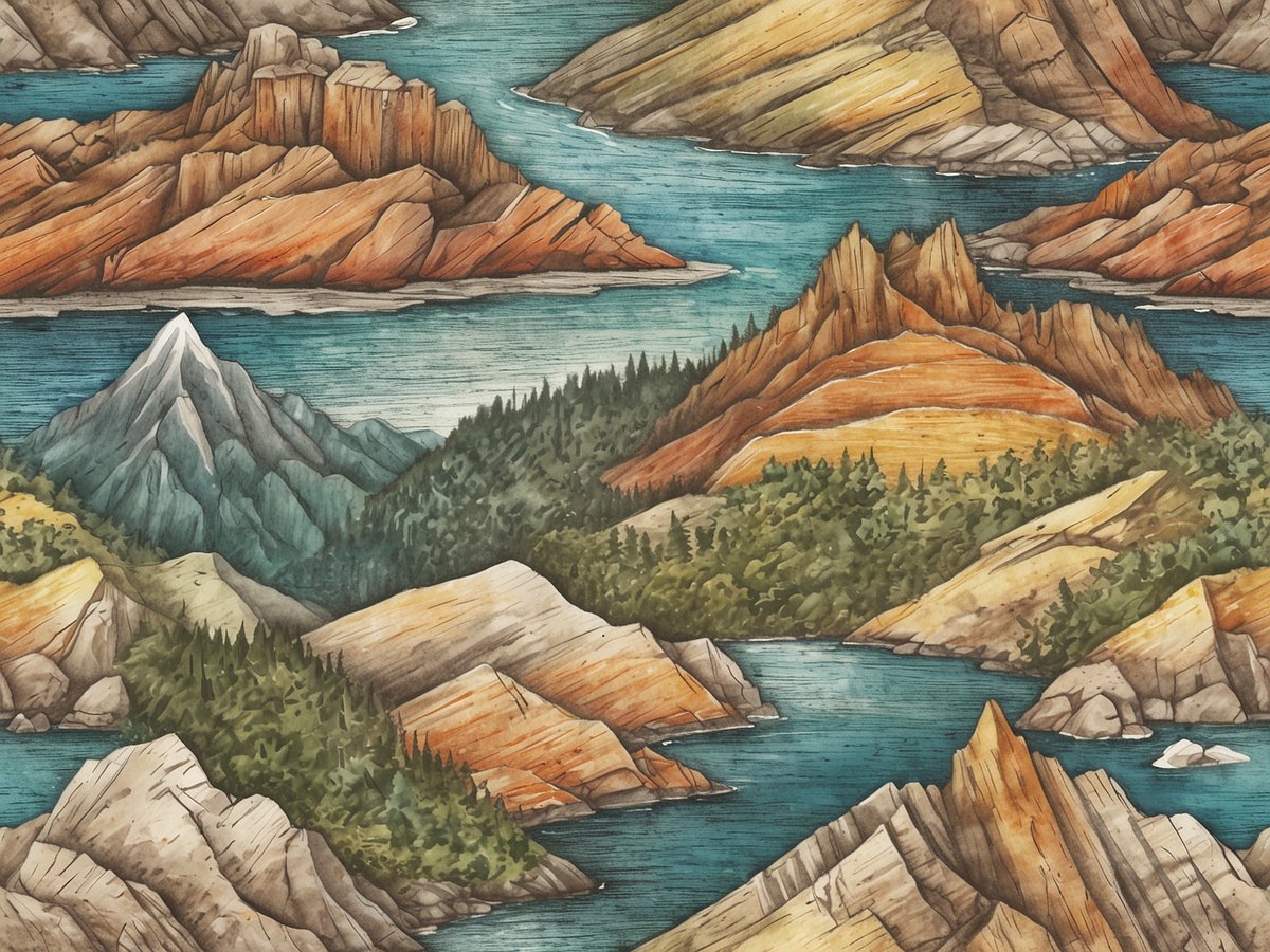 Die Szene zeigt eine malerische Landschaft mit beeindruckenden Bergen und zerklüfteten Felsen, die von glitzerndem Wasser umgeben sind. Verschiedene Farbtöne zieren die Hügel und Berge, während dichte Wälder die Tiefe der Natur unterstreichen. In der Mitte ragt ein schneebedeckter Gipfel empor, während die zahlreichen anderen Berge in Formen und Farben variieren. Diese Darstellung spiegelt die majestätische Schönheit British Columbias wider und lädt zur Erkundung der unberührten Natur der Region ein. Ideal für Abenteuer und Naturliebhaber, die sich für Aktivitäten wie Wandern, Kajakfahren oder einfach nur die Aussicht erfreuen möchten.