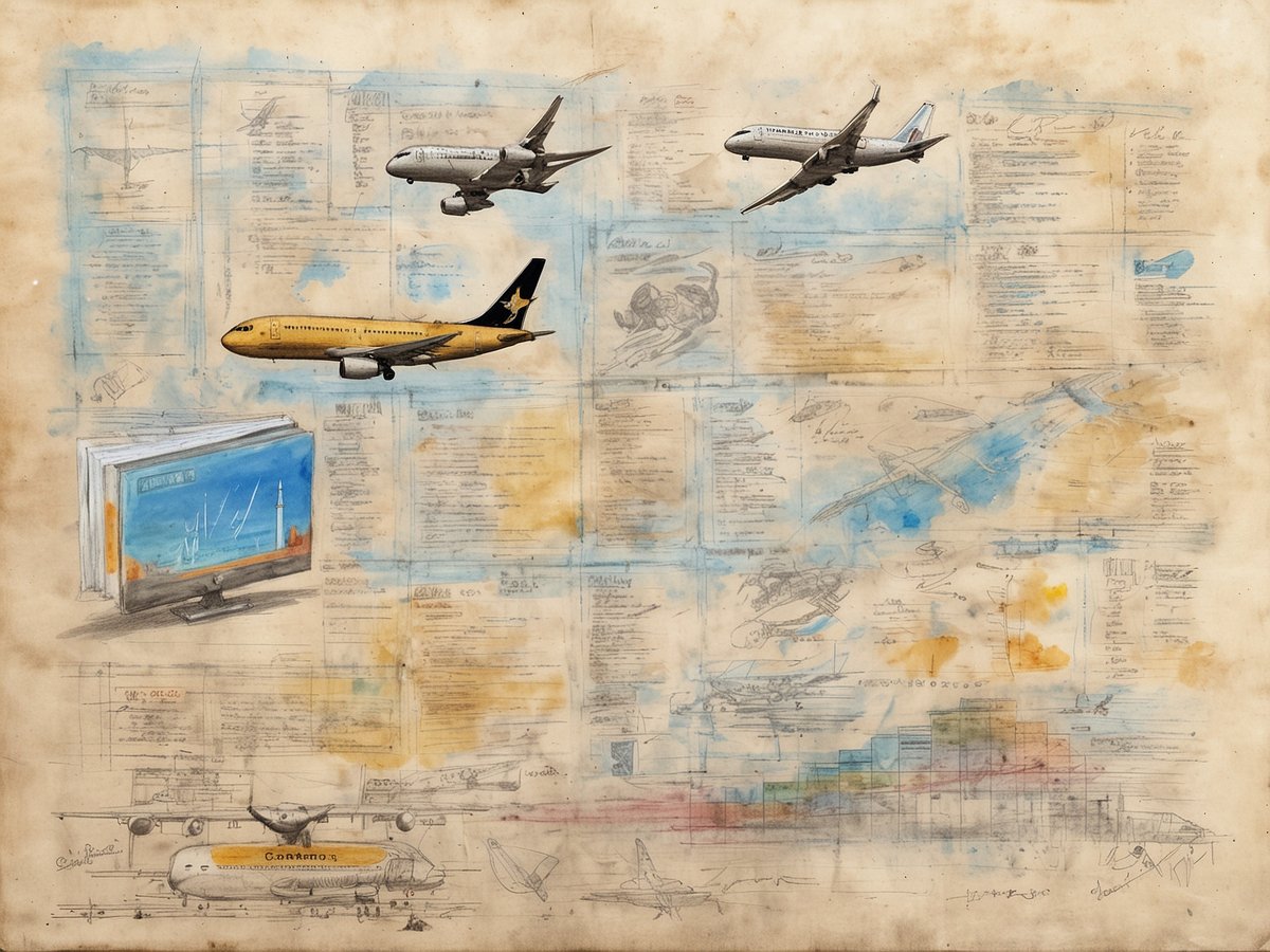 Auf dem Bild sind verschiedene Passagierflugzeuge abgebildet, die in verschiedenen Positionen über technische Zeichnungen und Notizen schweben. Ein großes, gelbes Flugzeug hebt sich von der Seite hervor, während ein Computerbildschirm mit einer Landschaftsaufnahme unten links zu sehen ist. Die Hintergründe zeigen skizzierte Flugzeugentwürfe und farbige Wasserflecken, die dem Bild eine nostalgische Note verleihen. Das gesamte Bild vermittelt den Eindruck von flugtechnischer Planung und Informationen zu Flugreisen.