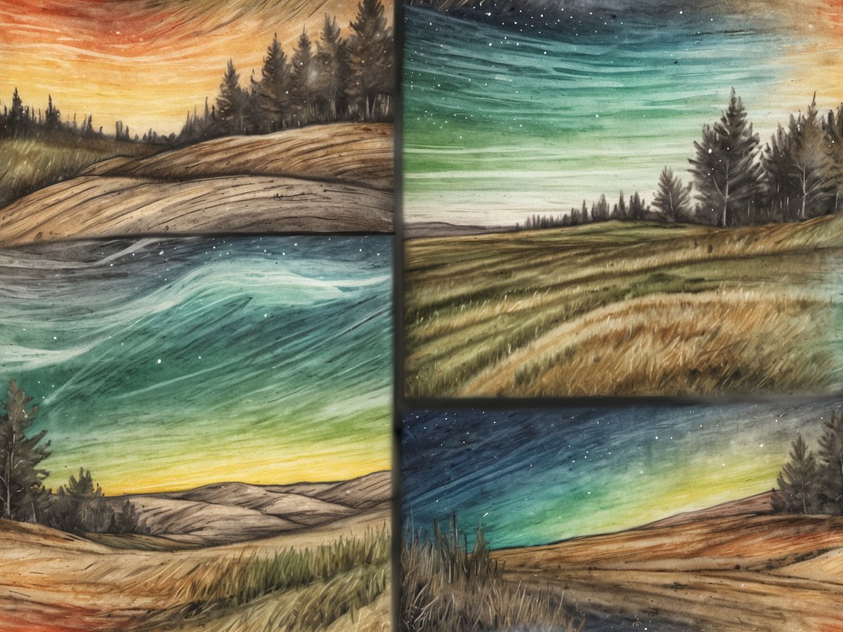 Die Collage zeigt vier zauberhafte Landschaftsbilder, die die natürliche Schönheit von Saskatchewan darstellen. Im oberen linken Bild reflektiert ein orangefarbenes Abendlicht über sanfte Hügel, während auf der rechten Seite ein klarer Nachthimmel mit vielen Sternen und sanften grünen Tönen zu sehen ist. Die unteren Bilder zeigen eine weite, goldene Graslandschaft, umrahmt von dichten Bäumen im Vordergrund und in der unteren linken Ecke ein faszinierendes Polarlicht, das den Himmel in leuchtenden Farben erhellt. Diese Bilder fangen die atemberaubende Möglichkeit ein, die Natur in Saskatchewan zu erleben, vor allem die unvergesslichen Nächte unter dem Nordlicht und die unberührte Weite der Prärie, die jeden Besucher in ihren Bann zieht.