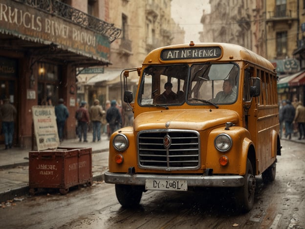 Auf dem Bild ist ein gelber Bus zu sehen, der an einer belebten Straße parkt. Im Hintergrund erkennt man eine ansprechende Kulisse mit einem Café und mehreren Personen, die auf der Straße unterwegs sind. Es scheint, als ob es regnet, was eine nostalgische Stimmung erzeugt. Insgesamt vermittelt das Bild ein Gefühl von urbanem Leben aus einer früheren Zeit. Vorbereitung ist das A und O.