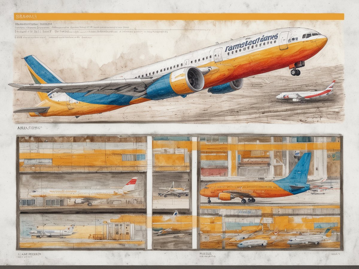 Das Bild zeigt eine detailreiche Zeichnung eines Flugzeugs in leuchtenden Farben. Oben ist ein Flugzeug mit orangenen und blauen Akzenten im Flug dargestellt. Darunter befinden sich mehrere kleinere Zeichnungen von Flugzeugen und Flughafenszenen, die verschiedene Perspektiven auf die Flugzeuge und ihre Umgebung zeigen. Die Illustrationen strahlen eine kreative und künstlerische Note aus und vermitteln eine Verbindung zur Luftfahrt.