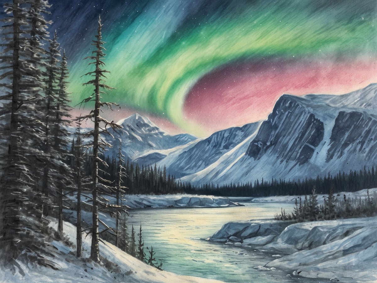 Ein beeindruckendes Naturbild zeigt die majestätischen Nordwest-Territorien mit einem klaren, sternenklaren Himmel, der von lebendigen Aurora Borealis in grünen und rosafarbenen Tönen erleuchtet wird. Im Vordergrund fließt ein ruhiger Fluss, umgeben von schneebedeckten Bergen und dichten Nadelwäldern, während die Felsen am Ufer das Bild abrunden. Die Kulisse strahlt eine mystische Atmosphäre aus und lädt dazu ein, die unberührte Natur und die Schönheit der Polarlichter zu erleben. Eine Reise in die Nordwest-Territorien ist ein einzigartiges Erlebnis, das man sich nicht entgehen lassen sollte.