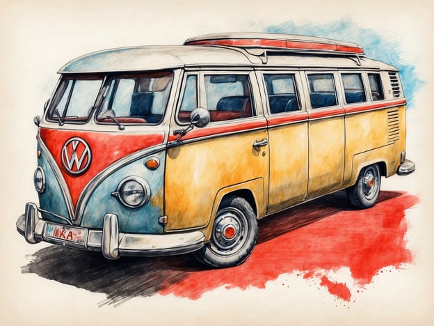 Auf dem Bild ist ein stylisierter VW-Bus zu sehen, bekannt als Volkswagen Type 2 oder VW Bulli. Das Fahrzeug hat eine charakteristische orange- und gelbfärbige Lackierung mit einem auffälligen Kühlergrill und dem VW-Logo. Der VW-Bus ist berühmt für seine geräumige Innenausstattung und wurde oft als Reisemobil genutzt. Dieses Modell ist besonders bei Liebhabern von Oldtimern und Campern sehr beliebt. In der Regel bietet er Platz für mehrere Personen und oft auch Platz zum Schlafen.