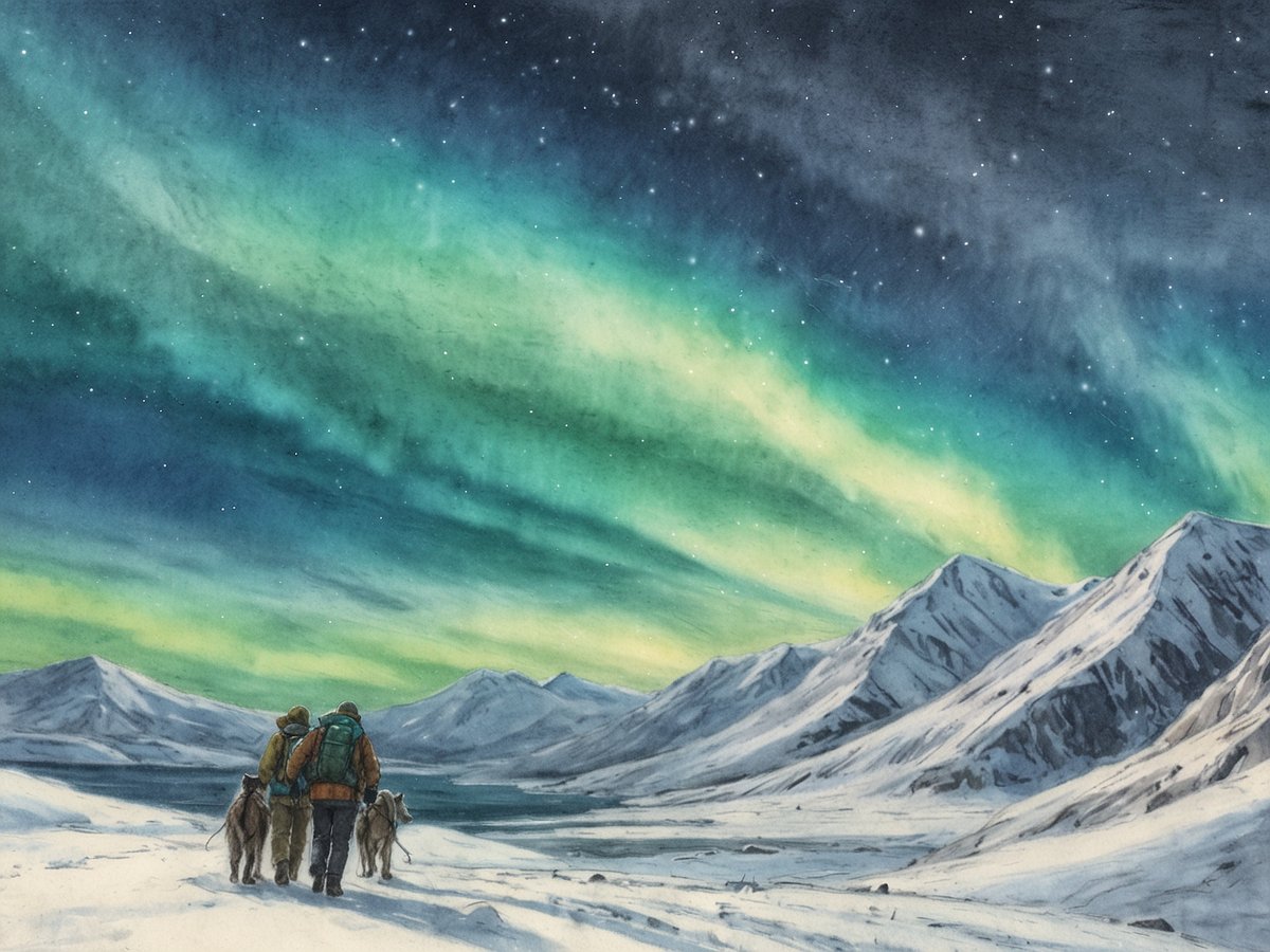 Zwei Menschen und zwei Hunde gehen durch eine schneebedeckte Landschaft in der Arktis. Im Hintergrund erheben sich beeindruckende Berge, während der Himmel mit einem strahlenden Nordlicht in grünen und blauen Farben erleuchtet wird. Die perfekte Kulisse für ein unvergessliches arktisches Abenteuer. Um die Kälte zu bewältigen, tragen die Wanderer warme und wetterfeste Kleidung. Ein ideales Motiv für Reisende, die die Schönheit und Unberührtheit der Arktis erleben möchten.