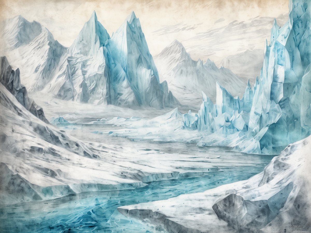 Eine beeindruckende Landschaft in der Antarktis ist zu sehen, geprägt von majestätischen, blauen Eismassen und schneebedeckten Bergen. Glitzerndes Eis reflektiert das Licht und bildet einen kontrastreichen Blick auf die ruhige Wasseroberfläche eines Fjords. Die Umgebung ist geprägt von sanften Hügeln und schroffen Klippen, die in verschiedenen Blautönen schimmern, während der Himmel leicht bewölkt und hell ist. Diese Szenerie exemplifiziert die unberührte und atemberaubende Schönheit der Antarktis, die ideal für einen einzigartigen Urlaub ist.