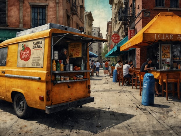 Auf dem Bild sieht man eine belebte Straßen-Szene mit einem gelben Food Truck, der auf einer Straße parkt. Der Truck bietet verschiedene Lebensmittel und Getränke an, erkennbar durch die Schilder und die Auslage. Um den Truck herum sitzen viele Menschen an Tischen und genießen ihre Mahlzeiten in einem kleinen Restaurant mit blauen und orangefarbenen Sonnenschirmen. Die Atmosphäre wirkt lebhaft und einladend, mit einem bunten Mix aus Straßenessen und einem gemütlichen Restaurantambiente. Dies spiegelt die Vielfalt der amerikanischen Esskultur wider, die von Street Food bis hin zu gehobener Küche reicht.