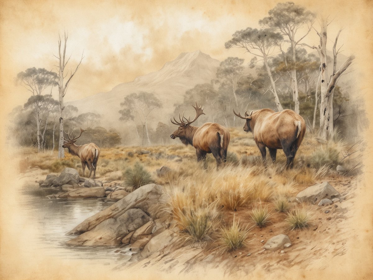 Im Bild sind drei majestätische Wildtiere zu sehen, die an einem ruhigen Gewässer in einer natürlichen Umgebung stehen. Die Tiere haben prächtige Geweihe und sind von einer sanften, nebligen Landschaft umgeben, die von sanften Hügeln und vereinzelten Bäumen geprägt ist. Der Hintergrund zeigt eine bergige Szenerie, die das Bild harmonisch abrundet. Diese friedliche Atmosphäre und die beeindruckende Tierwelt machen Tasmanien zu einem einzigartigen Reiseziel, das man einmal im Leben erleben sollte.