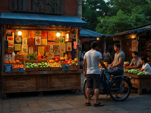 Auf dem Bild ist ein kleiner Marktstand mit frischem Obst und Gemüse zu sehen. Die Stände sind beleuchtet und die Atmosphäre ist einladend. Hier sind einige praktische Tipps für kulinarische Reisen:

1. **Lokale Märkte besuchen**: Suchen Sie lokale Lebensmittelmärkte auf, um frische Produkte und authentische Speisen zu entdecken. Diese Märkte geben oft einen guten Einblick in die Esskultur des Landes.

2. **Mit Einheimischen sprechen**: Fragen Sie die Verkäufer nach ihren Empfehlungen. Oft wissen sie, welche Produkte gerade saisonal und frisch sind.

3. **Probieren Sie lokale Spezialitäten**: Scheuen Sie sich nicht, neue Früchte oder Gerichte auszuprobieren, die Sie nicht kennen. Viele Märkte bieten Verkostungen an.

4. **Fotografieren und notieren**: Machen Sie Fotos von den Gerichten und schreiben Sie auf, was Ihnen geschmeckt hat, um es später nachzukochen oder nachzulesen.

5. **Kochkurse in der Nähe**: Informieren Sie sich, ob es Kochkurse gibt, die von lokalen Köchen in der Nähe des Marktes angeboten werden. So können Sie die Zubereitung traditioneller Gerichte lernen.

Viel Spaß bei Ihrem kulinarischen Abenteuer!