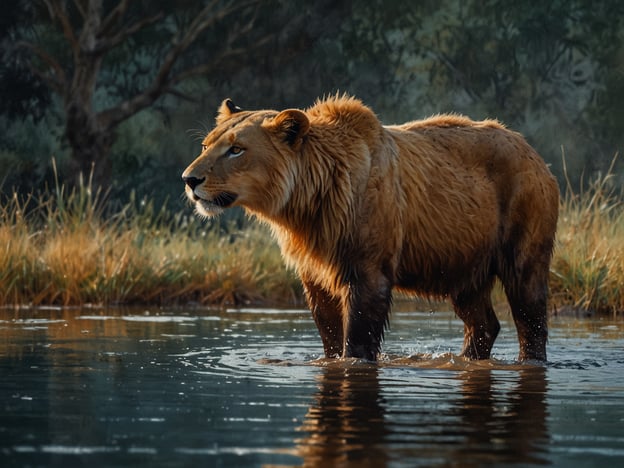 Auf dem Bild ist ein majestätisches Tier zu sehen, das an einem Gewässer steht. Es erinnert an eine Begegnung in der Wildnis, wo man einem Löwen beim Trinken oder Spielen im Wasser zusehen könnte. Solche Szenen sind selten und zeigen die Schönheit und Kraft dieser Tiere in ihrem natürlichen Lebensraum. Es ist faszinierend, wie sie sich an Wasserstellen aufhalten, um sich abzukühlen und ihren Durst zu stillen, während die Umgebung von üppiger Vegetation geprägt ist. Diese Art von Tierbegegnungen erweckt oft das Gefühl von Ehrfurcht und Respekt vor der Natur.