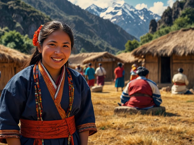 Auf dem Bild sehen wir eine junge Frau, die in traditioneller Kleidung lächelt. Im Hintergrund befinden sich Strohdächer von Hütten und Menschen, die in einem ländlichen, wahrscheinlich andinen Umfeld interagieren. Die majestätischen Berge mit schneebedeckten Gipfeln bilden eine beeindruckende Kulisse. 

Dieses Bild spiegelt das Herz kultureller Abenteuer wider, fernab der Touristenpfade. Hier begegnet man authentischen Bräuchen und Traditionen, die Besucher in die reiche Kultur und Lebensweise der dort lebenden Menschen eintauchen lassen. Solche Erlebnisse bieten eine einzigartige Möglichkeit, das Alltagsleben und die Gemeinschaften der Region hautnah kennenzulernen.