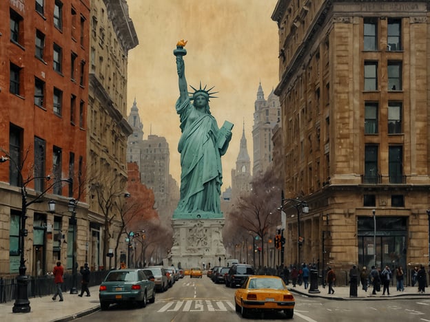 Auf dem Bild ist die Freiheitsstatue in New York City zu sehen, einer der bedeutendsten Kunstmetropolen der Welt. Diese Statue ist ein Symbol für Freiheit und Demokratie und zieht jährlich Millionen von Touristen an. Die Straßenansicht mit den Gebäuden und Fahrzeugen vermittelt das pulsierende Leben der Stadt, die für ihre beeindruckende Architektur und kulturelle Vielfalt bekannt ist. New York City gilt als ein Zentrum für Kunst, Theater und Mode.