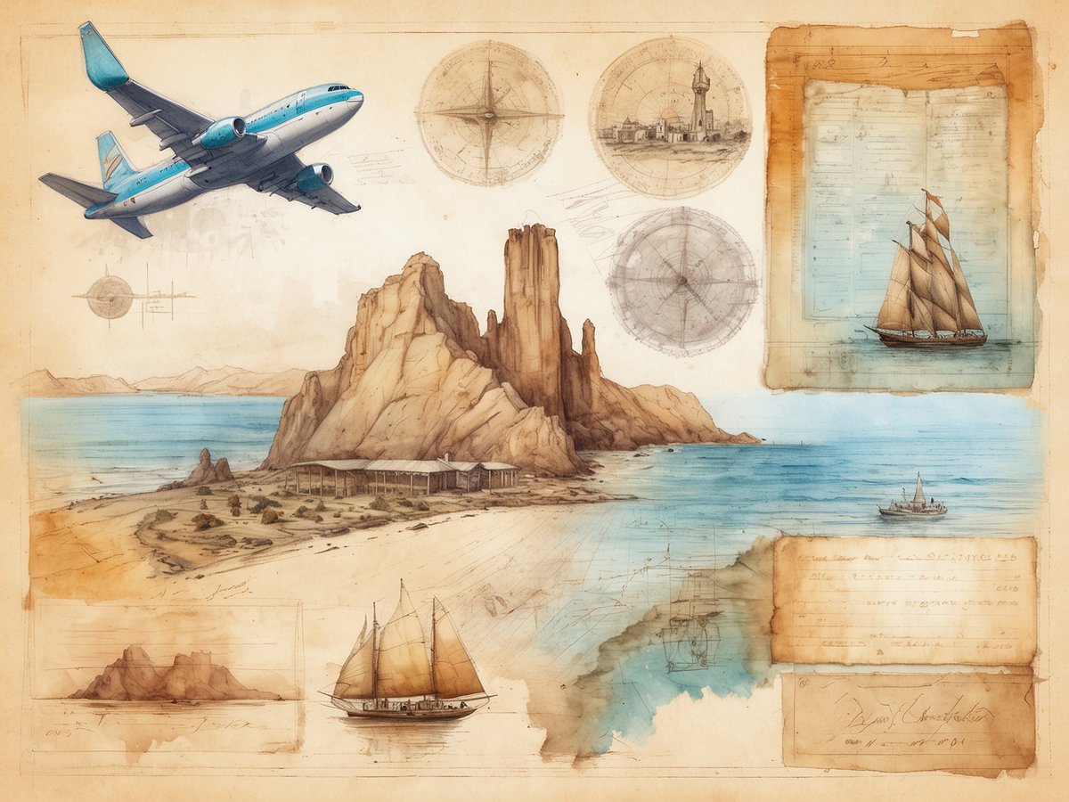 Ein Flugzeug fliegt über eine malerische Küstenlandschaft mit beeindruckenden Klippen und einem ruhigen Meer. Auf der linken Seite befindet sich ein Sandstrand, während im Vordergrund eine kleine Yacht segelt. Im Hintergrund sind skizzenhafte Darstellungen von historischen Gebäuden, weiteren Segelbooten und nautischen Instrumenten zu sehen. Die Farbgebung ist warm und einladend, mit sanften Brauntönen und blauen Akzenten. Das Bild vermittelt eine Atmosphäre des Reisens und Entdeckens in einer maritimen Umgebung.