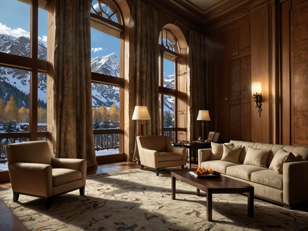 Auf dem Bild ist eine luxuriöse Lobby oder ein Wohnbereich eines Hotels oder Resorts zu sehen. Die große Fensterfront bietet einen atemberaubenden Blick auf schneebedeckte Berge und eine malerische Landschaft. Die Inneneinrichtung ist elegant, mit beigen Möbeln und warmen Holztönen, was eine gemütliche und stilvolle Atmosphäre schafft. Ein weiterer Anreiz könnte sein, dass solche Orte oft in den besten Luxusresorts und Hotels zu finden sind, die höchsten Komfort und erstklassige Dienstleistungen bieten. Es scheint ein idealer Raum zum Entspannen und Genießen der Aussicht zu sein.