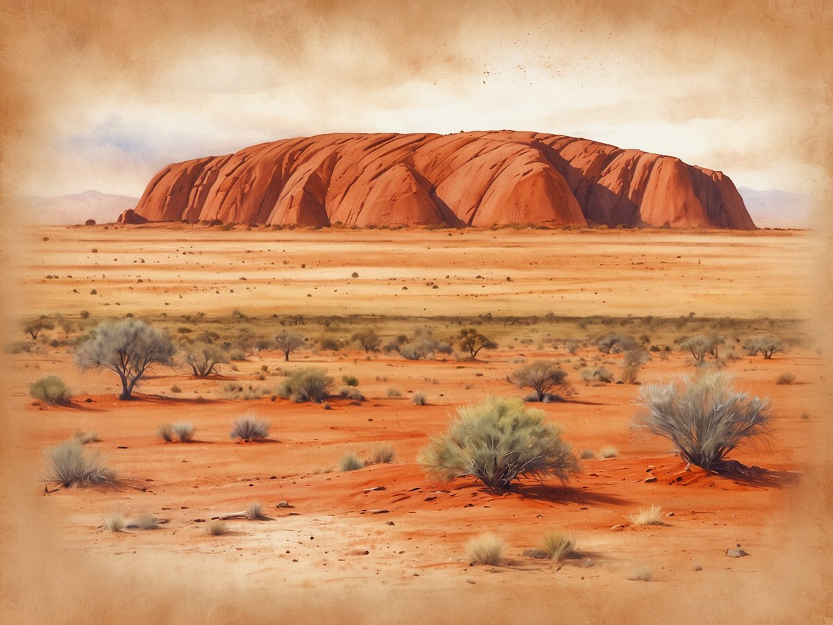Eine weite, hügelige Landschaft im Northern Territory mit dem markanten Uluru im Hintergrund, umgeben von rotem Sand und einer spärlichen Vegetation, die sich sanft in der Wüste ausbreitet. Der Himmel zeigt sanfte Farbtöne, die auf den frühen Morgen oder späten Abend hindeuten, und die beeindruckenden, schroffen Felsen des Uluru erheben sich majestätisch über die flache Umgebung. Die Szene strahlt eine ruhige, abgelegene Atmosphäre aus, die die Schönheit und Einzigartigkeit der australischen Wüste verkörpert.