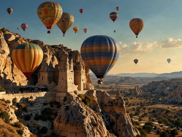 Auf dem Bild sind farbenfrohe Heißluftballons zu sehen, die majestätisch über einer atemberaubenden Landschaft schweben. Diese Szenerie erinnert an luxuriöse Erlebnisse, wie zum Beispiel eine heißluftballonfahrt in der einzigartigen Landschaft Kappadokiens in der Türkei. 

Die Gäste können hier die spektakulären Felsformationen und historischen Sehenswürdigkeiten aus der Vogelperspektive genießen. Oftmals wird solch eine Fahrt mit einem Champagner-Frühstück oder einem Picknick bei Sonnenaufgang kombiniert, was das Erlebnis noch unvergesslicher macht. Die Kombination aus Abenteuer, Natur und exklusivem Service macht dieses Erlebnis besonders erstrebenswert.