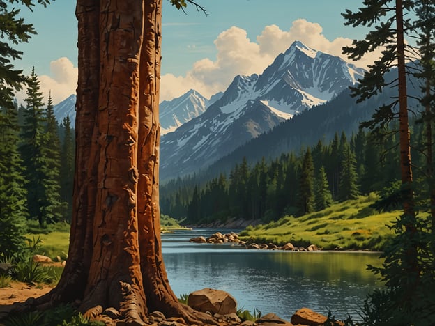 Das Bild zeigt eine malerische Landschaft mit hohen Bergen, die teilweise schneebedeckt sind, und einem ruhigen Fluss, der durch einen Wald fließt. Im Vordergrund ist ein großer Baum zu sehen, der eine beeindruckende Textur hat. Um sicher und gesund zu bleiben, ist es wichtig, beim Erkunden solcher Naturlandschaften auf die eigene Sicherheit zu achten, indem man geeignete Wege wählt und auf mögliche Gefahren wie Wildtiere oder unvorhersehbares Wetter vorbereitet ist.