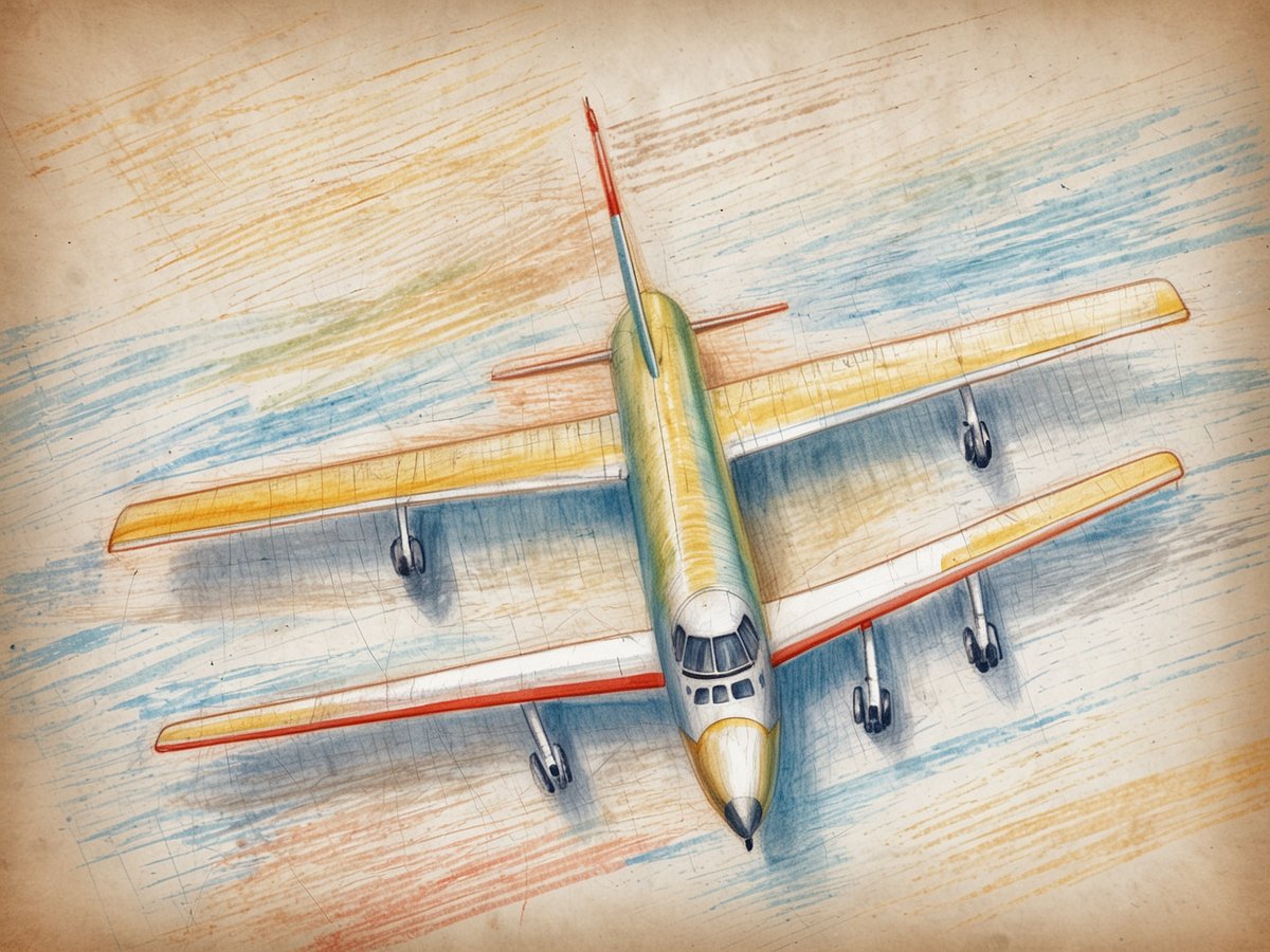 Ein farbenfrohes, handgezeichnetes Bild eines Flugzeugs aus der Vogelperspektive ist zu sehen. Das Flugzeug hat einen grau-grünen Rumpf, gelbe Tragflächen und einen roten Schwanz. Der Hintergrund ist in sanften Farben gehalten, die an den Himmel und die Wolken erinnern. Die Illustration vermittelt eine kreative und künstlerische Atmosphäre und könnte gut in einem Reisekontext verwendet werden.