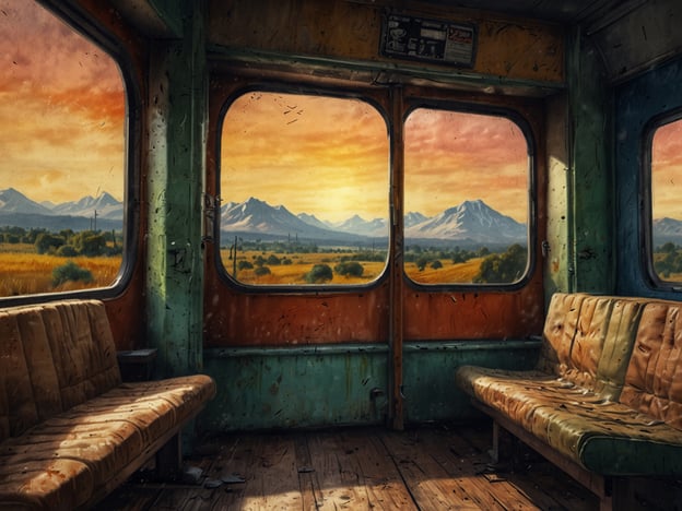 Auf dem Bild ist der Innenraum eines alten Waggons zu sehen, durch dessen Fenster majestätische Landschaften Nordamerikas sichtbar sind. Im Hintergrund erheben sich beeindruckende Berge, umgeben von weitläufigen Feldern und Bäumen, während der Himmel in warmen Farbtönen leuchtet. Der Waggon selbst scheint genutzt und etwas abgenutzt zu sein, was einen nostalgischen Eindruck vermittelt. Die Kombination aus der natürlichen Schönheit der Landschaft und der wahren Cap des Waggons reflektiert den Kontrast zwischen der majestätischen Natur und der industriellen Vergangenheit.