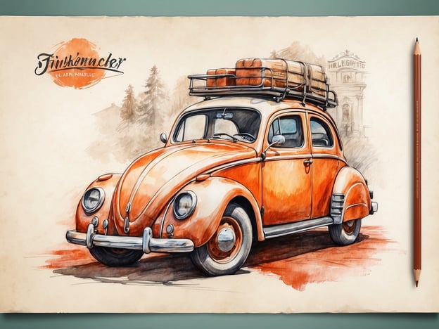 Auf dem Bild ist ein orangefarbener Oldtimer zu sehen, der auf einem skizzenhaften Hintergrund dargestellt ist. Solche Autos wecken oft Erinnerungen an Reisen, was gut zu gastronomischen Erlebnissen und Unterkünften passt, die man auf solchen Fahrten entdecken kann. Man könnte sich vorstellen, wie eine Gruppe von Freunden in einer malerischen Landschaft an einem kleinen Restaurant oder einer gemütlichen Pension Halt macht, um regionale Köstlichkeiten zu genießen, während sie mit diesem nostalgischen Fahrzeug unterwegs sind.